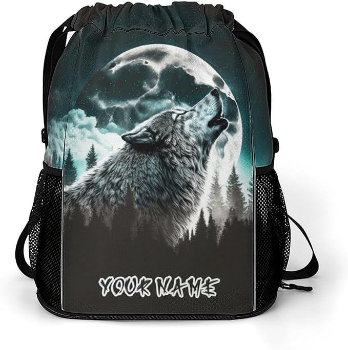 Custom Wolf Drawstring Backpack - Cute Cinch Sack, String Backpacks with Pocket for Women Men Kids Boys Girls for Gym Outdoor Sports Travel Athletic Drawstring Bag - Lightweight/Foldable
