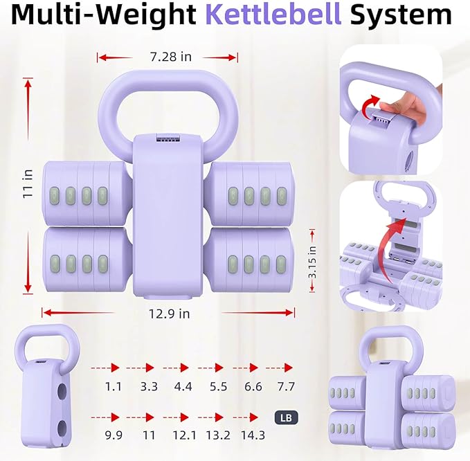 2-in-1 Adjustable Dumbbell Set, Upgraded 5 Levels Heavier Hand Weights for Women Men, Each 2.2/3.3/4.4/5.5/6.6lb, Convertible Weights Dumbbells and Kettlebell Set for Home Gym Exercise & Fitness