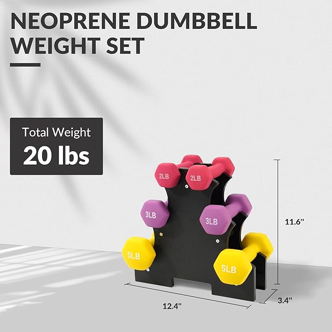 Neoprene Dumbbell Set for Women 2-5 lb | 3 Pairs Hand Weights Set with Rack, Hex Anti-Roll, Color-Coded Home Gym Gifts