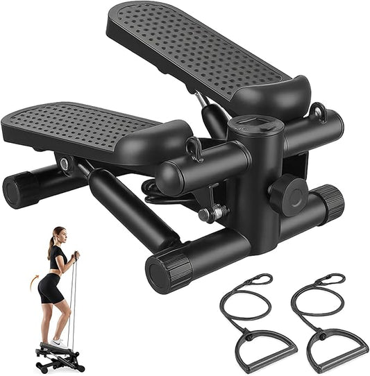 Mini Stair Steppers with Resistance Bands for Exercise at Home, Portable Exercise Twist Stepper Machine for Full Body Workout, Hydraulic Fitness Stepper with LCD Monitor，Black