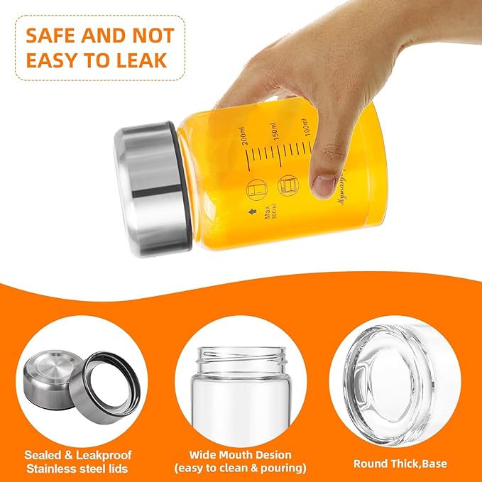 Glass Juice Bottles 6 Pack 10 oz - Wide Mouth Glass Water Bottles with Lids - for Juicing, Smoothies, Milk, Protein, BPA Free, Reusable, Stainless Steel Lids, Leak Proof, Shaker bottle (10oz/300ml)