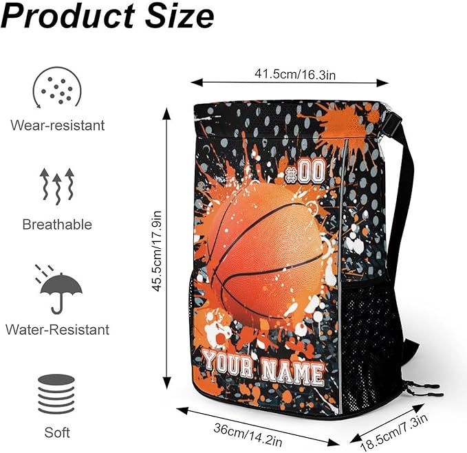 Custom Basketball Drawstring Backpack - Cool Cinch Sack, String Backpacks with Pocket for Kids Women Men Boys Girls for Gym Outdoor Sports Travel Athletic Drawstring Bag - Lightweight/Foldable
