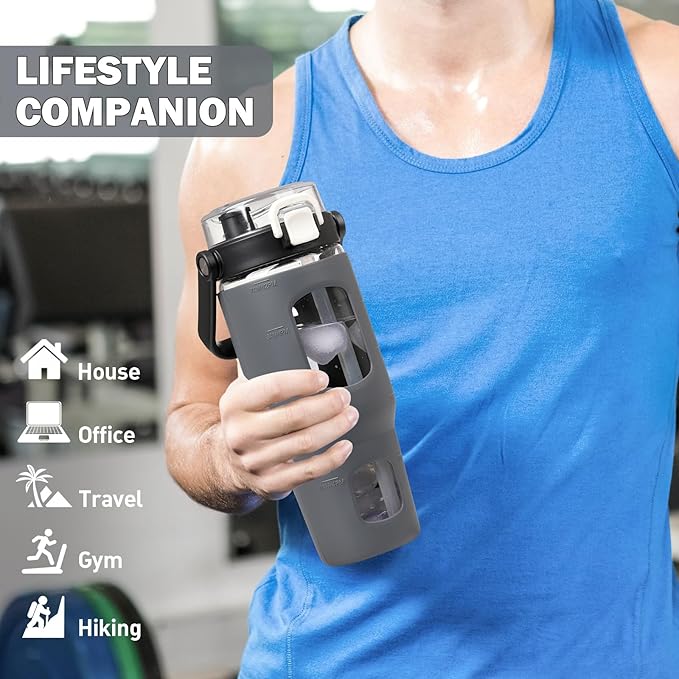 BLUEGO 32oz Glass Water Bottles with Straw Time Marker Half Gallon Large Motivational Water Bottle with Silicone Sleeve 2 Liter Large Glass Water Jug for Gym, Sports& Workout, Daily, Dark Grey