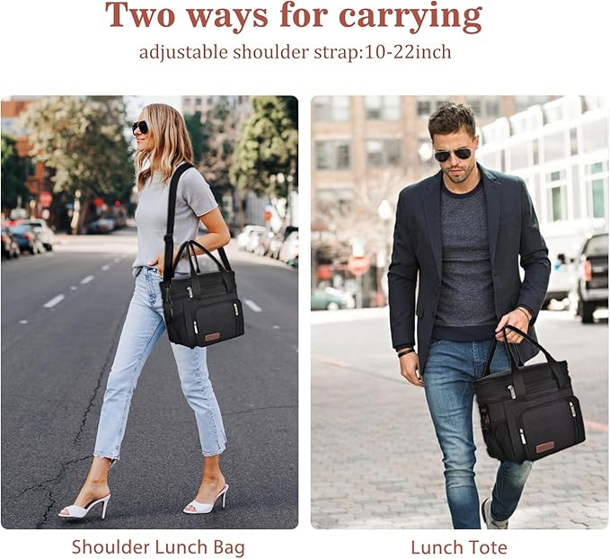 Expandable Lunch Box for Women Men | Adult Lunchbag Cooler Tote Bag with Adjustable Shoulder Strap | Insulated Reusable Womens Lunch Bags for Work Camping Beach | 16L, Black