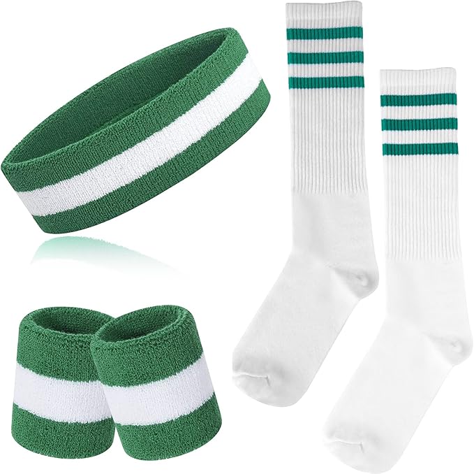 ONUPGO 5 Pieces Sweatbands Striped Socks Set Sports Headband Wristbands High Tube Socks 80s Accessories Costumes