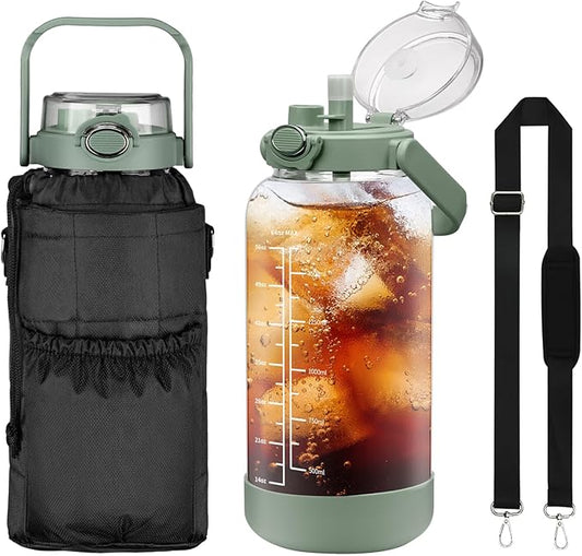 64oz Glass Water Bottle with Straw and Sleeve Half Gallon Motivational Water Bottle with Time Marke and Strap 2L Leakproof Borosilicate Reusable Water Jug for Gym Outdoors