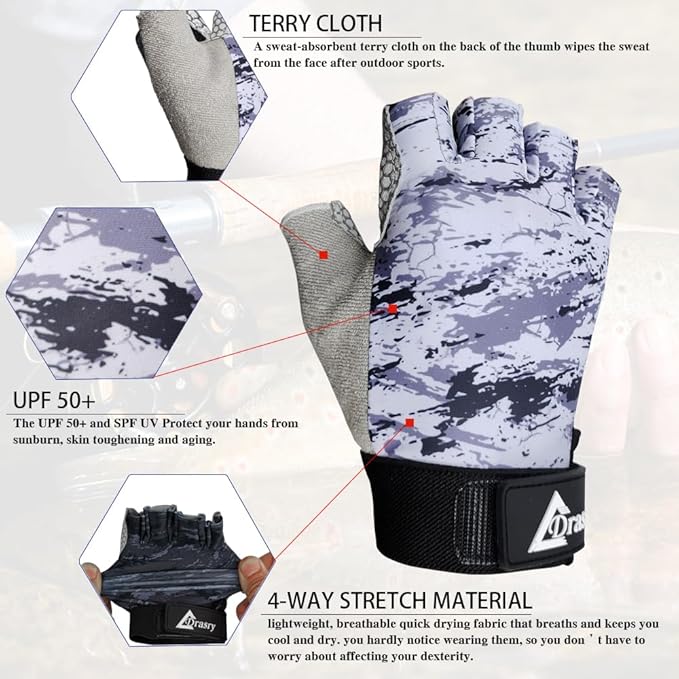 Drasry UV Fishing Gloves Fingerless Sun Protection Men Women UPF50+SPF for Fishing Kayaking Paddling Hiking Sailing Rowing Driving Canoeing Glove