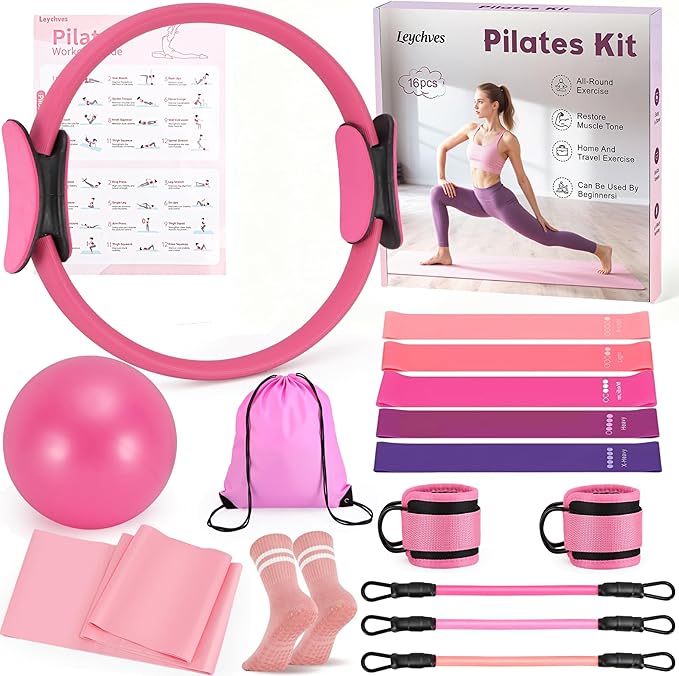 Pilates Essentials Kit for Women, 14-Inch Magic Circle Home Pilates Equipment with Pilates Ring and Ball Set, 5 Resistance Bands & Accessories for Home Workouts Beginners Essentials Starter Set