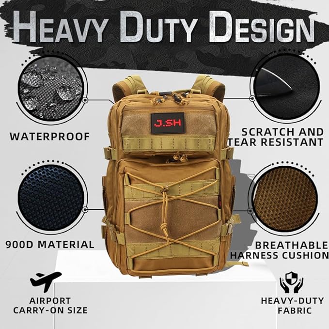 J.SH 45L Large Capacity 3-Day Tactical Backpack, Waterproof & Tear-Resistant, MOLLE System, Adjustable Straps (chest strap and waist strap), Hiking Backpack for Men & Women - Khaki