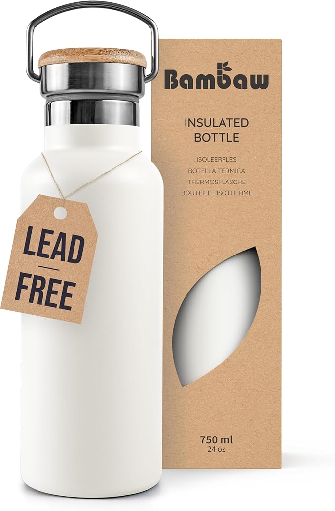 Bambaw 24 oz Insulated Water Bottle with Handle, White Water Bottle, Stainless Steel Water Bottle, Reusable Water Bottle, Insulated Water Bottle 24oz, Metal Water Bottle – Polar White