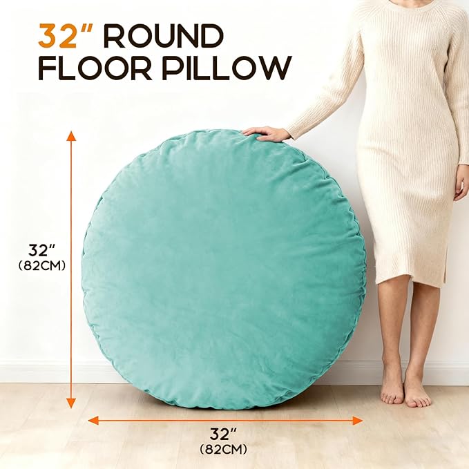 32" Round Floor Pillow with 13" Thick Padding, Velvet Meditation Cushion for Yoga & Lounge Seating, Large Ottoman Replacement Floor Mat for Adults, Decorative Accent Pillow (Lake Blue)