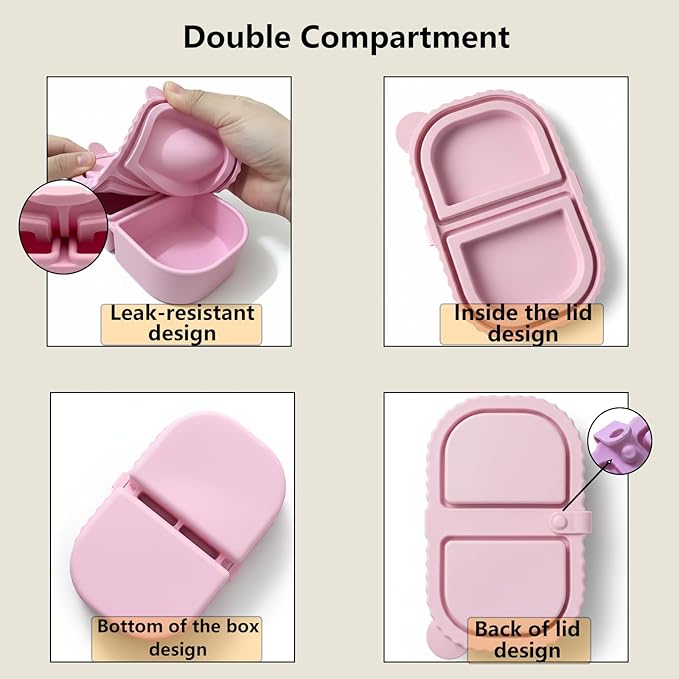 4 Sets Silicone Snack Containers with Lids, Reusable Double Compartment Plastic Container for Sauce Snack,Compact Food Storage for School, Office, Travel,Condiment Container with Lid (4 Colors)