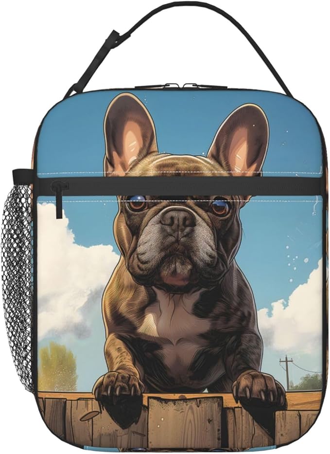 French Bulldog Insulated Lunch Box,Adorable Dog on Blue Sky Background Reusable Tote Bag for Pet Lovers,Playful Puppy Design Lunchbag,Portable Cooler Lunchboxes for Work School Picnic Gifts