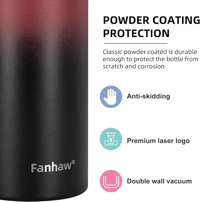 Fanhaw 24 Oz Stainless Steel Insulated Sports Water Bottles with Straw for Kids, Men and Women (Red Black)