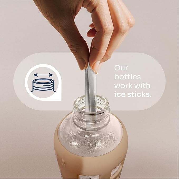 purifyou 40oz / 32oz / 22oz / 12oz Borosilicate Glass Water Bottle with Time & Volume Markers, Silicone Sleeve, Stainless Steel Lid | Reusable Glass Bottle for Water & Juice (40oz Iced Coffee)