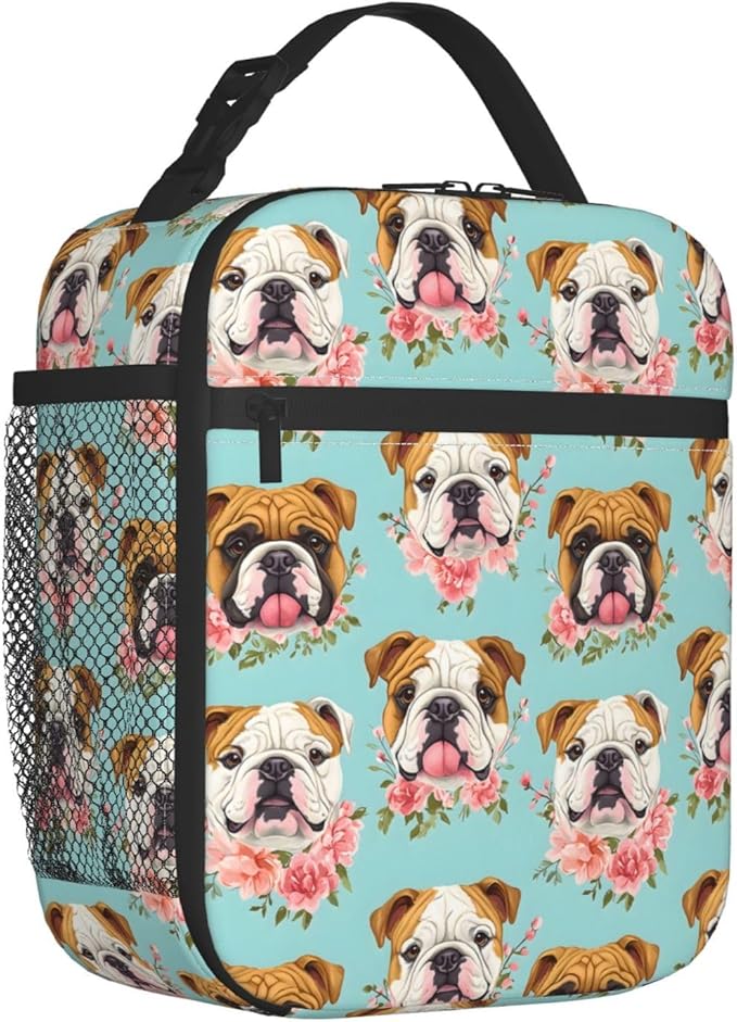 Cute Dog Lunch Box for Kids,Puppy Insulated Bag for Student,Pet Lovers Reusable Thermal Insulation Cooler Tote Bags for School Work Picnic Camping Outdoor Gifts (English Bulldog and Floral)