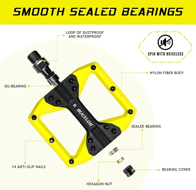 BUCKLOS MTB Flat Pedals Mountain Bike Pedals, 3 Bearings CNC Adult Road Bike Pedals, Bicycle Platform Aluminum Alloy Non-Slip Pedal for Gravel Bike/BMX 9/16"(Black)