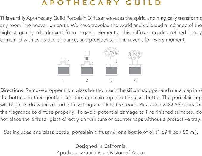 Zodax Apothecary Guild Blush Porcelain Oil Diffuser - Home Fragrance Diffuser Ideal for Living Room, Bathroom, Office - Makes a Great Gift - Porcelain Flower Design - Fig Vetiver - 1.69 Oz.