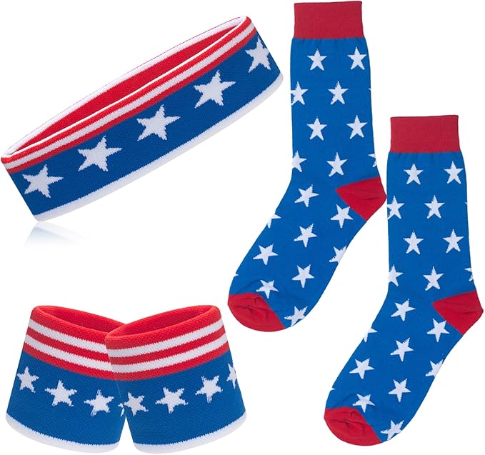 ONUPGO 5 Pieces Sweatbands Striped Socks Set Sports Headband Wristbands High Tube Socks 80s Accessories Costumes