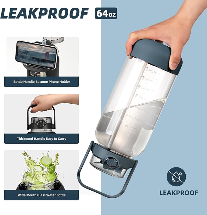 64oz Glass Water Bottle with Straw and Sleeve Half Gallon Motivational Water Bottle with Time Marke and Strap 2L Leakproof Borosilicate Reusable Water Jug for Gym Outdoors