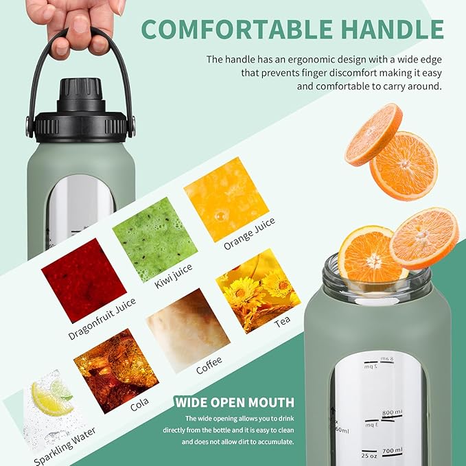 32 oz Glass Water Bottles with 2 Lids-Handle Spout Lid & Straw Lid 1 Liter Motivational Borosilicate Water Bottle with Silicone Sleeve and Time Marker,Leakproof