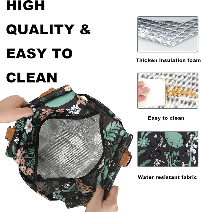 Joymee Lunch Bag - Large Capacity, Insulated, Reusable, Durable, Adjustable Shoulder Strap, Green Leaf