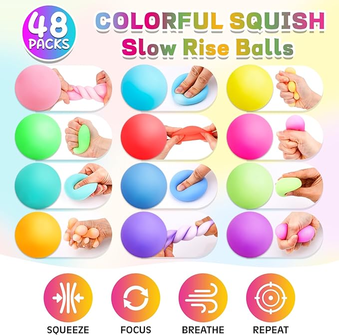 48 Pack Slow Rising Stress Ball,Stress Balls for Kids Adults,Stretchy Fidget Toys for Anxiety Relief,Hand Therapy Sensory Squishy Ball,Squishy Toys,Treasure Prize Box Toys for Kids Classroom