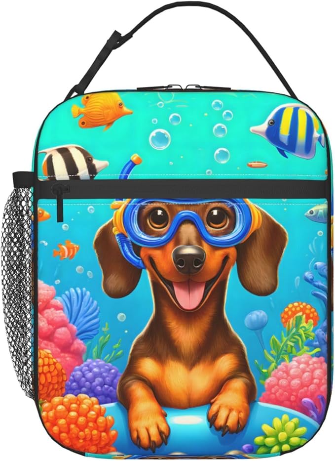 Cute Dog Lunch Box for Kids,Puppy Insulated Bag for Student,Pet Lovers Reusable Thermal Insulation Cooler Tote Bags for School Work Picnic Camping Outdoor Gifts (Weiner Dachshund Diver)