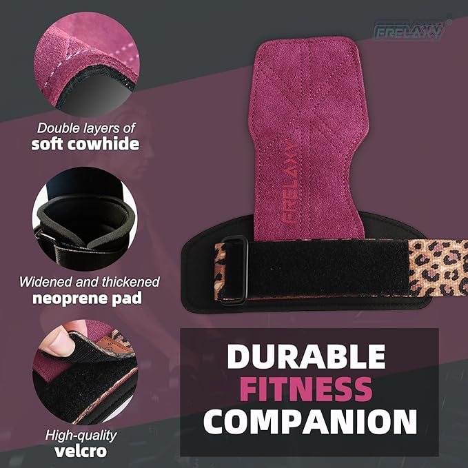 Frelaxy Lifting Wrist Straps Women and Men, Weight Lifting Grips with Cushion Wrist Loop, Double Layer Leather and Storage Pouch, Gym Workout Straps for Deadlift and Powerlifting