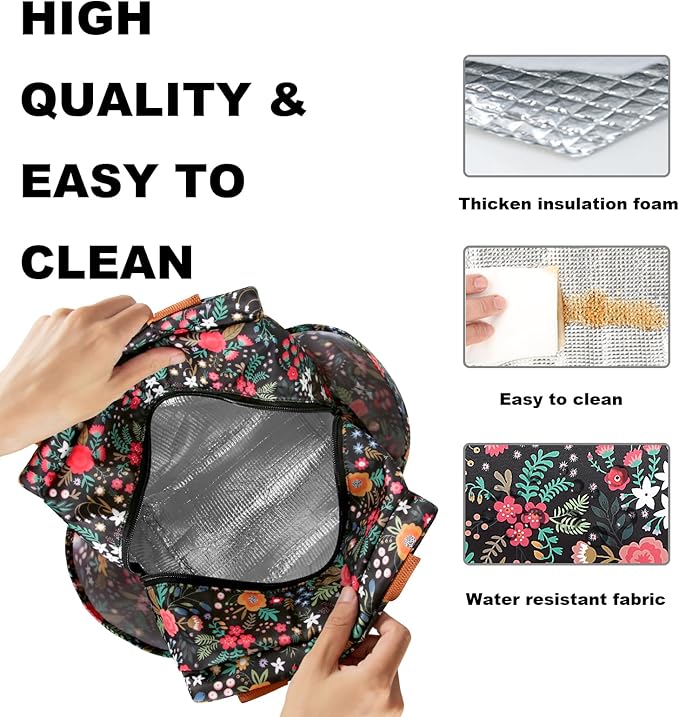 Joymee Lunch Bag Women Insulated Lunch Box Reusable Leakproof Large Spacious Cooler Tote for Womens Mens Adults with Bottle Holder and Side Pockets for Work Office Travel Picnic - Multi-Floral
