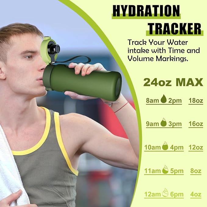 ANOTION 24OZ Glass Water Bottle, Large Sports Water Bottle with Dual-Drink Lid Clear Leakproof Glass Bottles with Straw, Motivational Jug with Silicone Sleeve and Time Marker for Travel Gym-Green