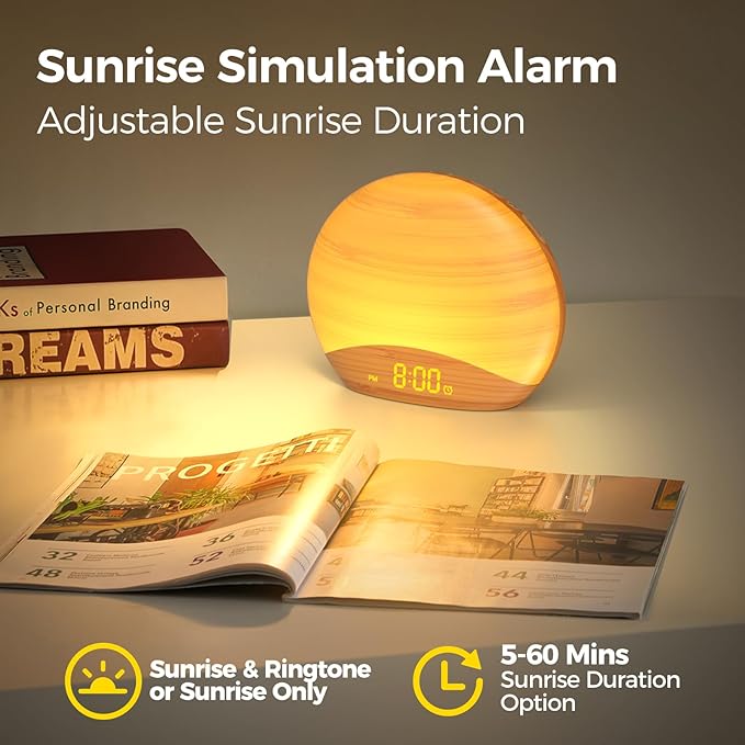 REACHER Natural Wood Grain Sound Machine Sunrise Alarm Clock，26 Nature Inspired Sleeping Sounds, 0-100% Dimmable Clock, Night Light,Brown/Pink/White Noise Sound Machine for Babys, Kids, Adults