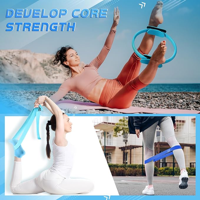 Poen 18 Pcs Pilates Ring Kit Home Pilates Ring Circle and Ball Set for Women Yoga Fitness Set with 5 Resistance Band Stretching Strap Non Slip Sock Ball Core Slider Wristband Headband Gym Bag(Blue)