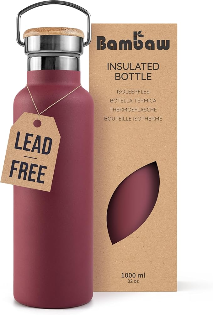 Bambaw 32 oz Water Bottle, Red Insulated Water Bottle, Large Water Bottle Insulated, Stainless Steel Water Bottle, Metal Water Bottle with Handle, 1 Liter Stainless Steel Water Bottle – Red Berry