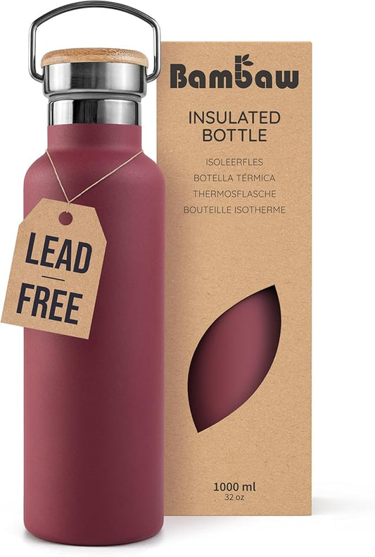 Bambaw 32 oz Water Bottle, Red Insulated Water Bottle, Large Water Bottle Insulated, Stainless Steel Water Bottle, Metal Water Bottle with Handle, 1 Liter Stainless Steel Water Bottle – Red Berry