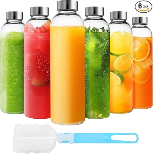 Set of 6 Clear Glass Water Bottles with Lid 14oz for Juicing Reusable Bottle Glass Cup with Stainless Steel for Juicing, for Halloween Refrigerator 100% Leak Proof Drinking Jar, BPA Free