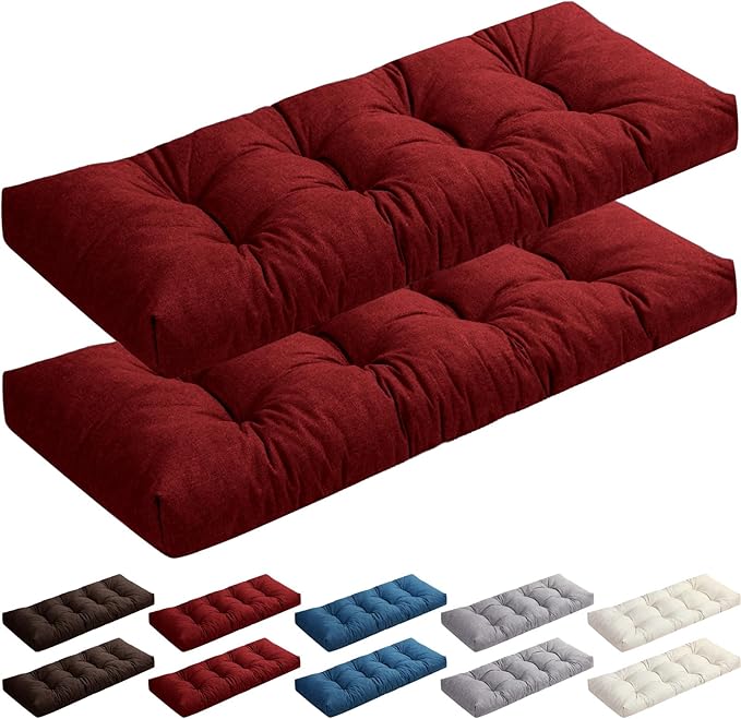 2 Pack Outdoor Bench Cushion Patio Waterproof Porch Swing Cushions Tufted Memory Foam Bench Seat Pads Thicken Non Slip for Outside Indoor Garden Furniture Wicker Loveseat Settee(Burgundy,42x16 Inch)