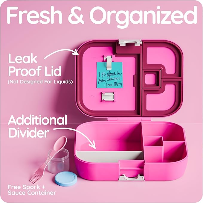 YOOPI Bento Box for Kids, Leak-Proof, BPA-Free School Bento Lunch Box Containers with Compartments. Online Healthy Meal Planning, Durable, Easy-Clean, Eco-Friendly Lunchbox for Boys & Girls (Fuchsia)