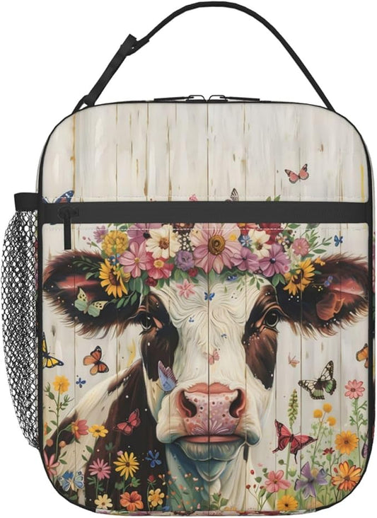 Crown Cow Polyester Lunch Box for Kids Teen,Cute Reusable Thermal Lunch Bag for Adult Women,Farm Flower Insulated Tote Cooler Bags for School,Work,Picnic,Travel,Whimsical Meadow Theme