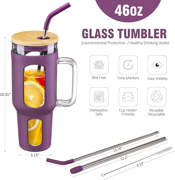 Glass Tumbler with Lid and Straw, 46 oz Iced Coffee Cup with Handle, Glass Water Bottles with Silicone Sleeve, BPA Free-Dark Purple