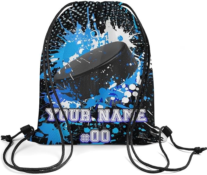 Custom Hockey Drawstring Backpack - Cool Cinch Sack, String Backpacks for Kids Women Men Boys Girls for Gym Outdoor Sports Travel Athletic Drawstring Bag - Lightweight/Foldable