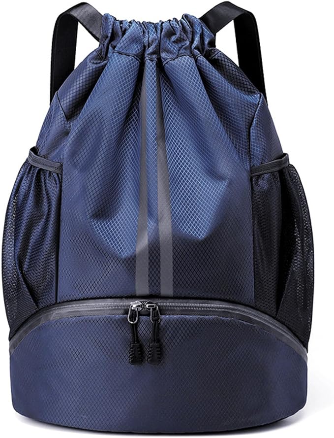 Hoedia Sports Drawstring Backpack - String Swim Gym Bag with Shoes Compartment and Wet Proof Pocket for Women/Men (Navy Blue)