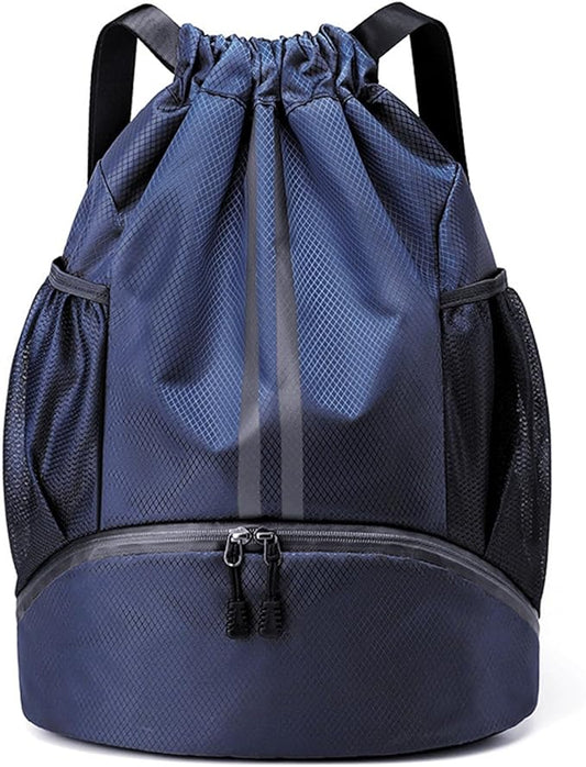 Hoedia Sports Drawstring Backpack - String Swim Gym Bag with Shoes Compartment and Wet Proof Pocket for Women/Men (Navy Blue)