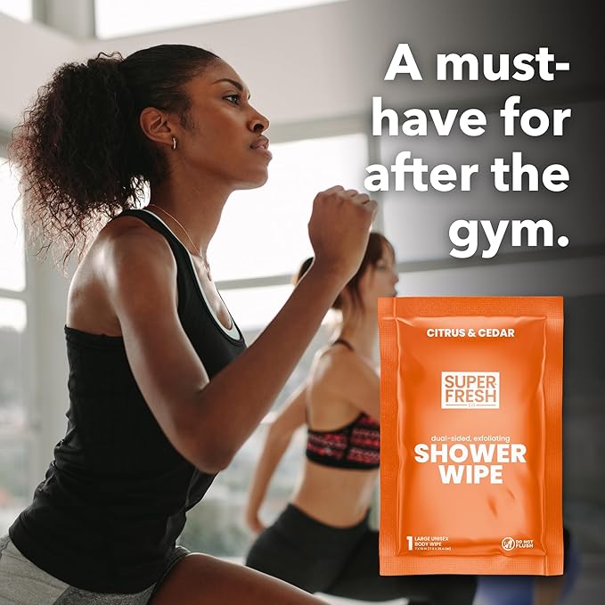 Super Fresh Shower Wipes Large Citrus & Cedar Body Wipes for No Rinse Bathing Personal Hygiene Gym Travel or Camping Enriched with Aloe and Vitamin E 10 Individually Wrapped Disposable Sheets
