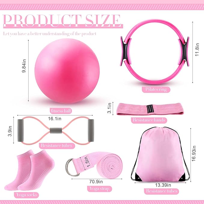 Poen Home Pilates Kit for Women Pilates Equipment Ring and Ball Set with Stretching Strap 8 Resistance Bands Non Slip Socks Gym Back Bags Exercise Equipment for Workout