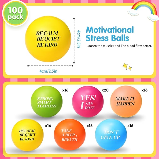 Sotiff 100 Pieces Motivational Stress Balls Colorful Foam Inspirational Relief Quotes Stress Balls Pack Employee Appreciation Gift for Relief Encouraging(One Size,Six Colors)