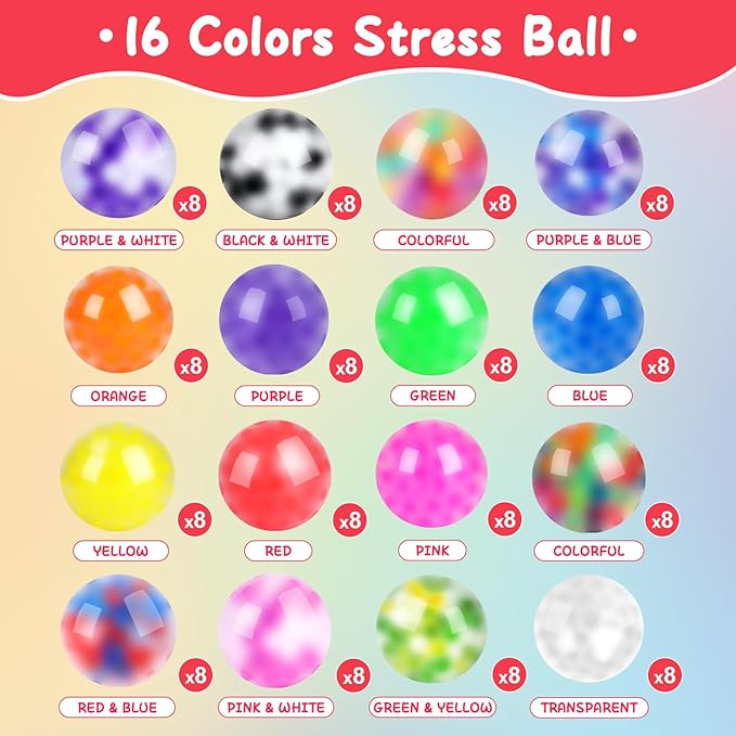 128 Pack Stress Balls for Adults, Bulk Squishy Ball, BulkStress Balls Set, Anti-Anxiety and Fidget Balls to Relax, Party Favors, Birthday Gifts, Goodie Bag Stuffers