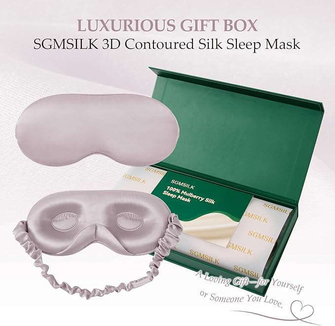 100% 22 Momme Mulberry Silk Sleep Mask with Adjustable Strap, 3D Contoured Cup Silk Eye Mask for Sleeping, Total Black Out, Dusty Purple