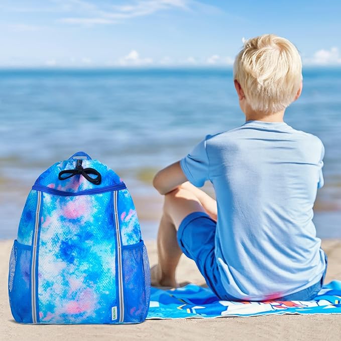 WAWSAM Kids Gym Drawstring Backpack String Bag, Tie Dyed Sports Gym Bag for Kids Girls Waterproof Swimming Beach String Cinch Backpack with Two Water Bottle Pocket