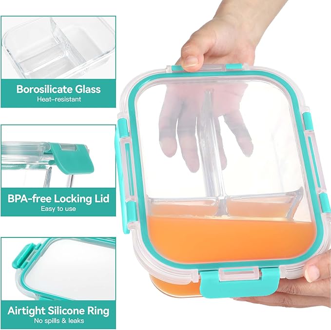 BAYZZ 5 Pack 35 Oz Glass Meal Prep Containers 3 Compartments, Glass Food Storage Containers, Lunch Bento Box with Airtight Lids, Microwave, Freezer & Dishwasher Safe, Green